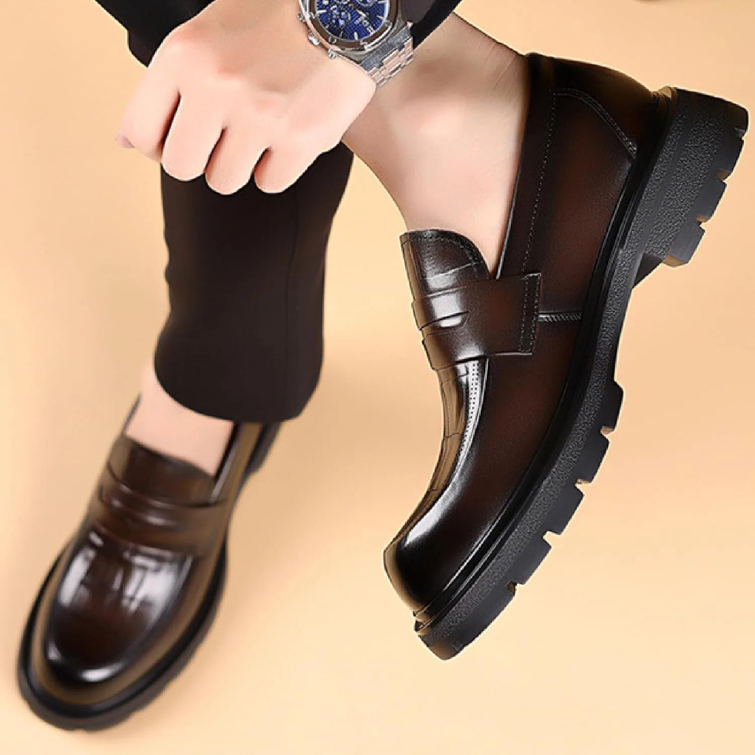 Лоферы кожаные мужские Luxury Genuine Leather Platform Chunky Slip-on Penny Loafers, коричневый BHDJK — фото 2