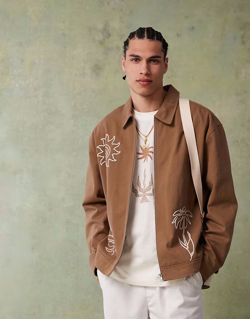

Куртка-харрингтон свободного кроя с вышивкой ASOS DESIGN цвета верблюжьей шерсти