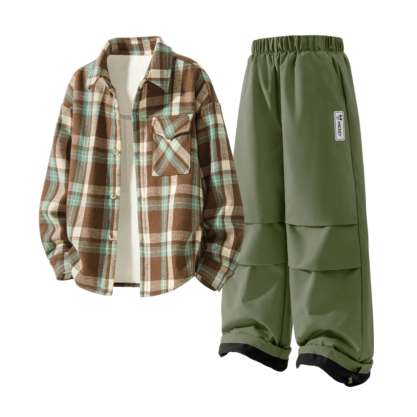 Детский спортивный костюм с воротником-стойкой на флисе Disney, [Thickened and Fleece-Lined]Solid Rum Brown Plaid+Mark H Square Hook-and-Loop K Army Green
