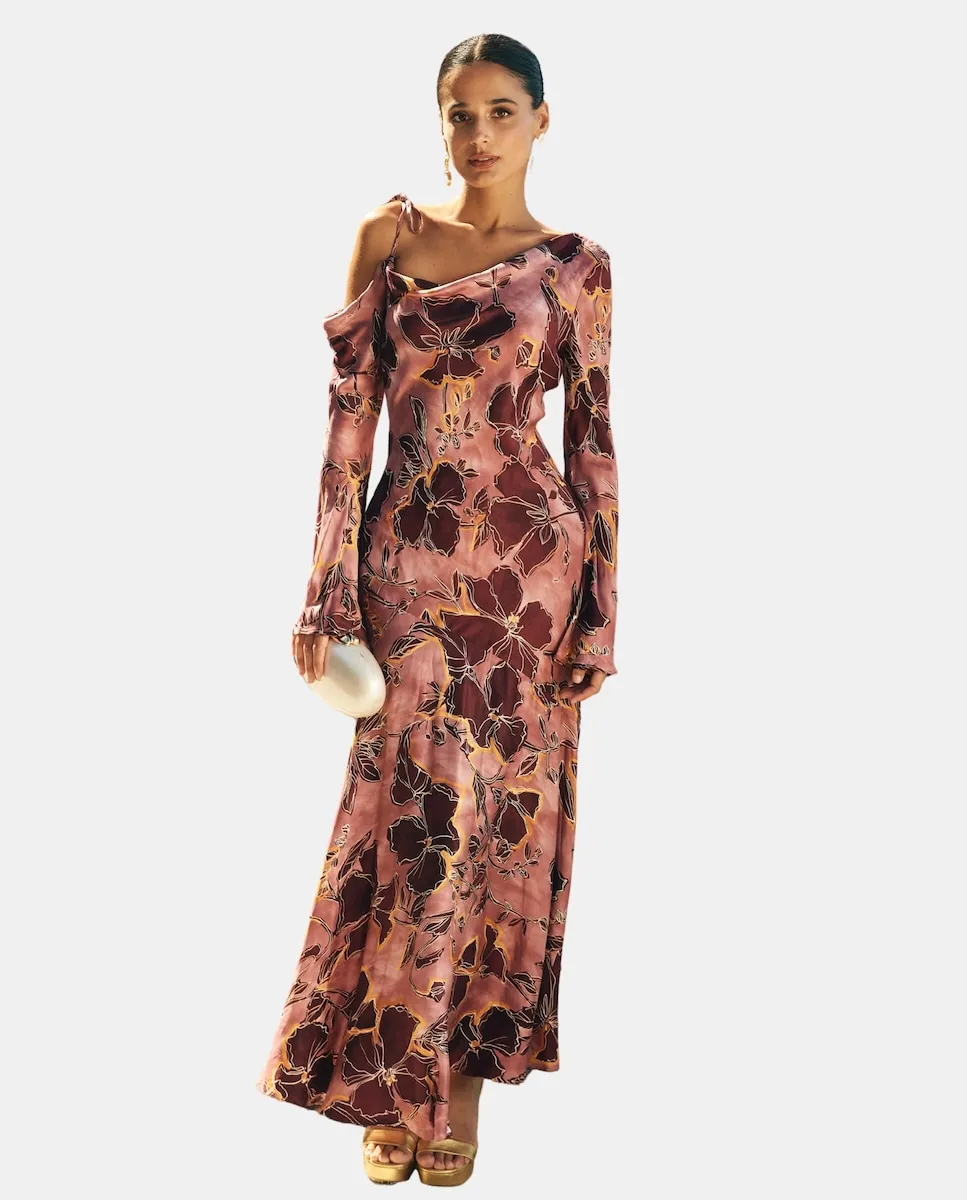 

Платье миди с принтом и открытыми плечами MIPHAI, розовый