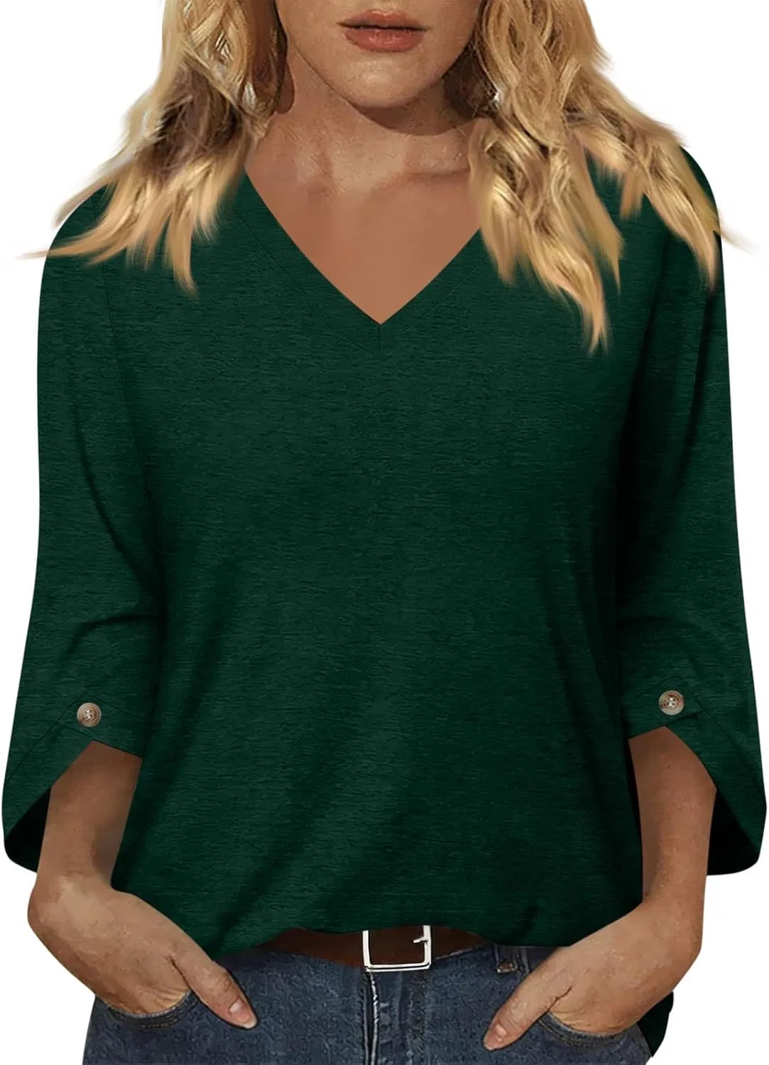 Блуза женская с V-образным вырезом, 3/4 рукав, Generic, Ff08 Dark Green