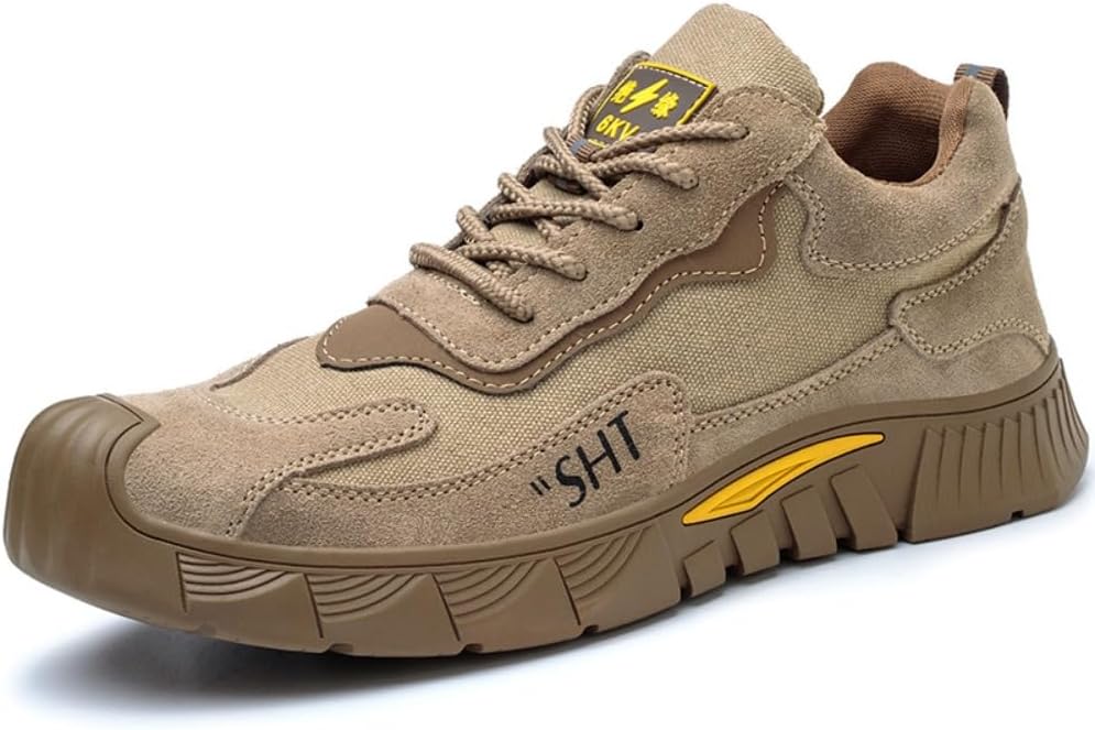 

Противоскользящие ботинки для мужчин - неразрушимые защитные ботинки с металлическим носком, улучшенным сцеплением, изолирующей подошвой, легкие дышащие ботинки для кровельщиков для работы с черепичной крышей Geerta, Tan 1