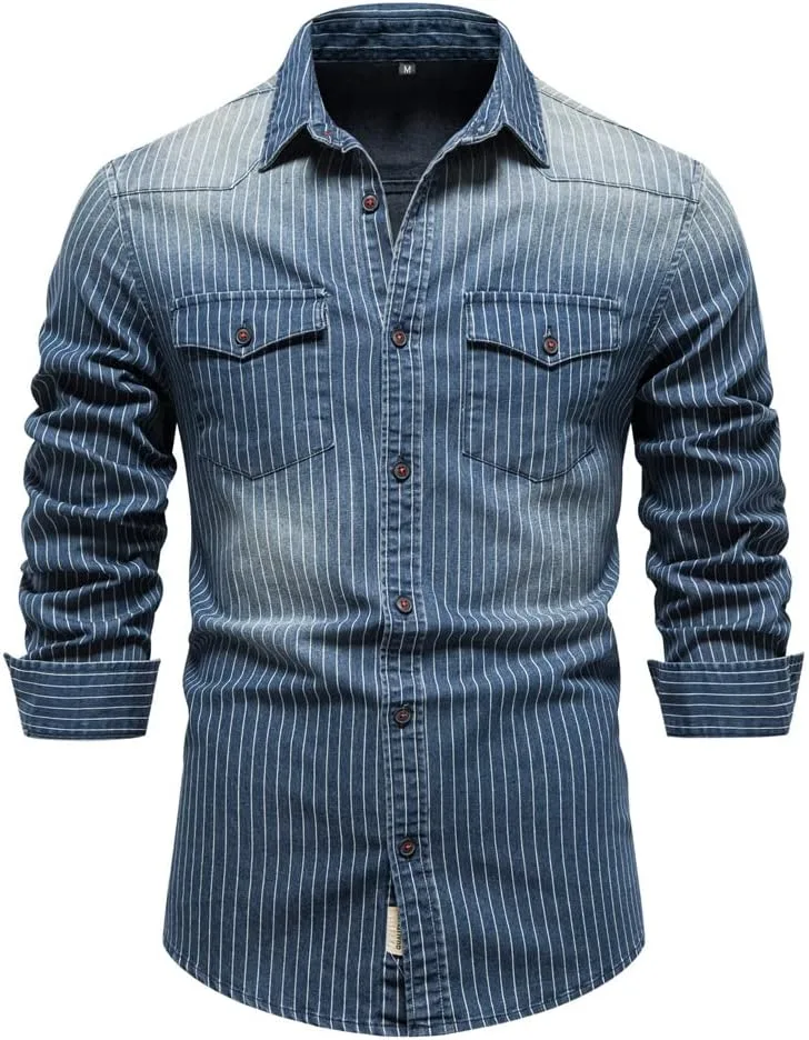 

Мужская футболка с пуговицами Casual Long Sleeve Lapel Work Shirt Washed Distressed Striped Denim JMKEY