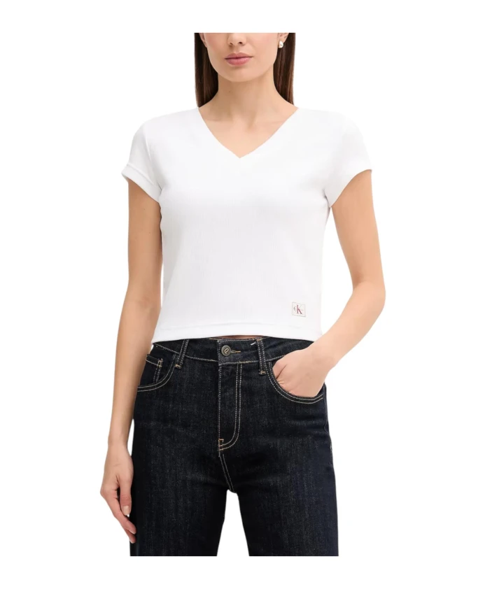 

Белая хлопковая футболка с V-образным вырезом Calvin Klein Jeans, белый
