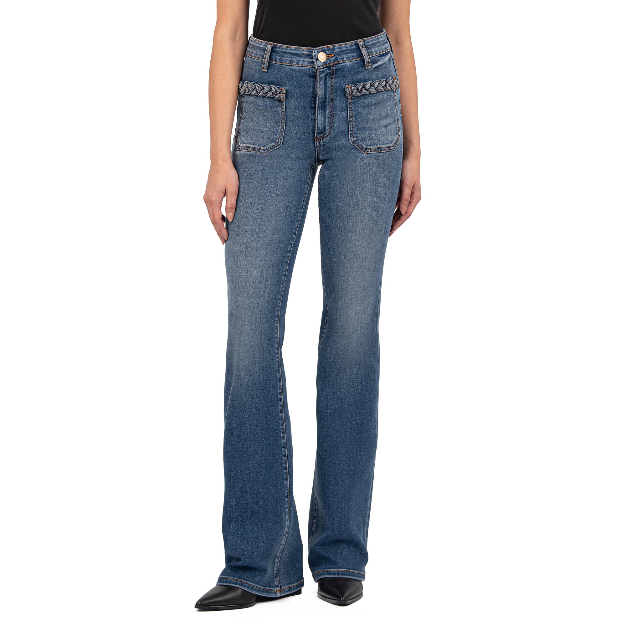 

Джинсы KUT from the Kloth Ana High Rise Front Patch Pockets With Braid Back Square, Fame with Dark Base Wash