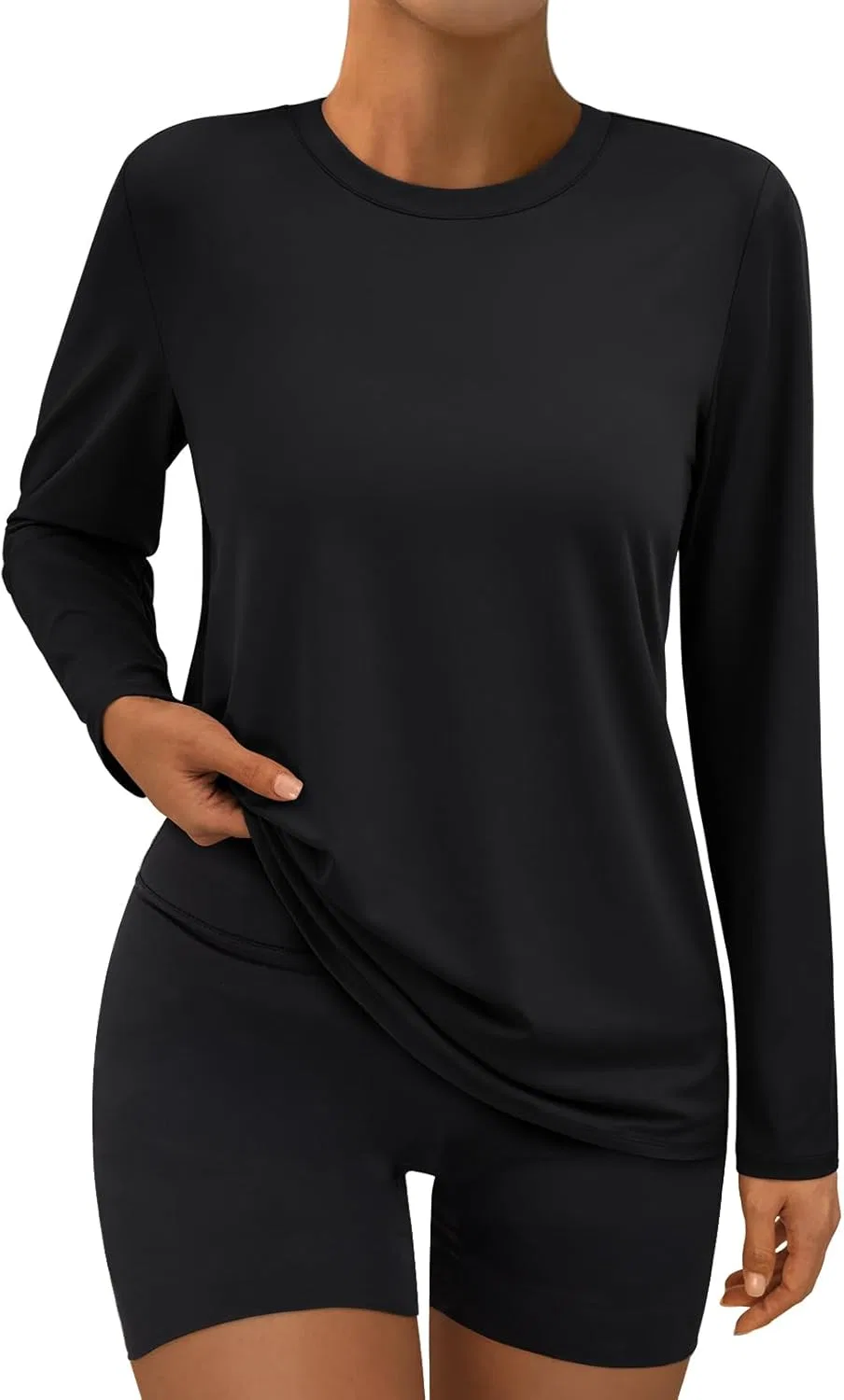 AUTOMET Женские спортивные топы с длинным рукавом для плавания, походов, защиты от солнца, футболки для спортзала с защитой UPF 50+, рашгард, спортивная одежда для весны 2026 года, черный