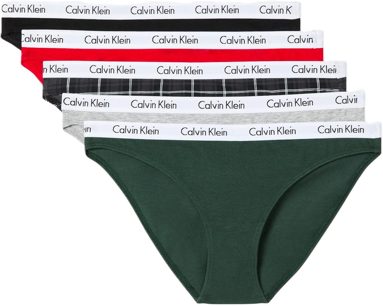 

Женские трусики-бикини Calvin Klein Carousel Logo из хлопка и стретч-хлопка, 5 шт., Black/Kelly Green/Grey Heather/Obsess/Dunn Plaid Black
