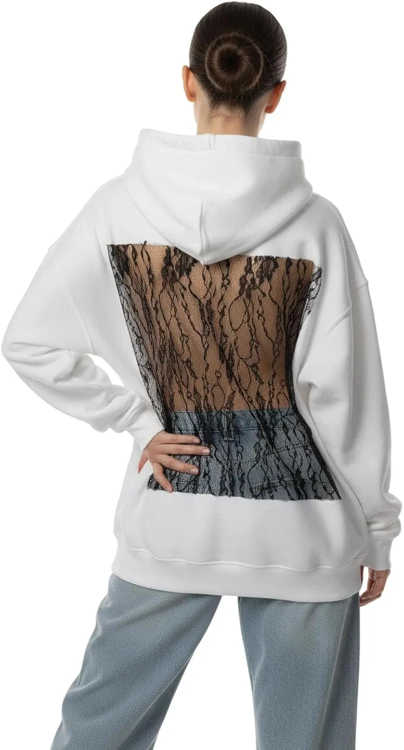 Худи женское с сетчатой спинкой, оверсайз, бренд не указан, Lace White