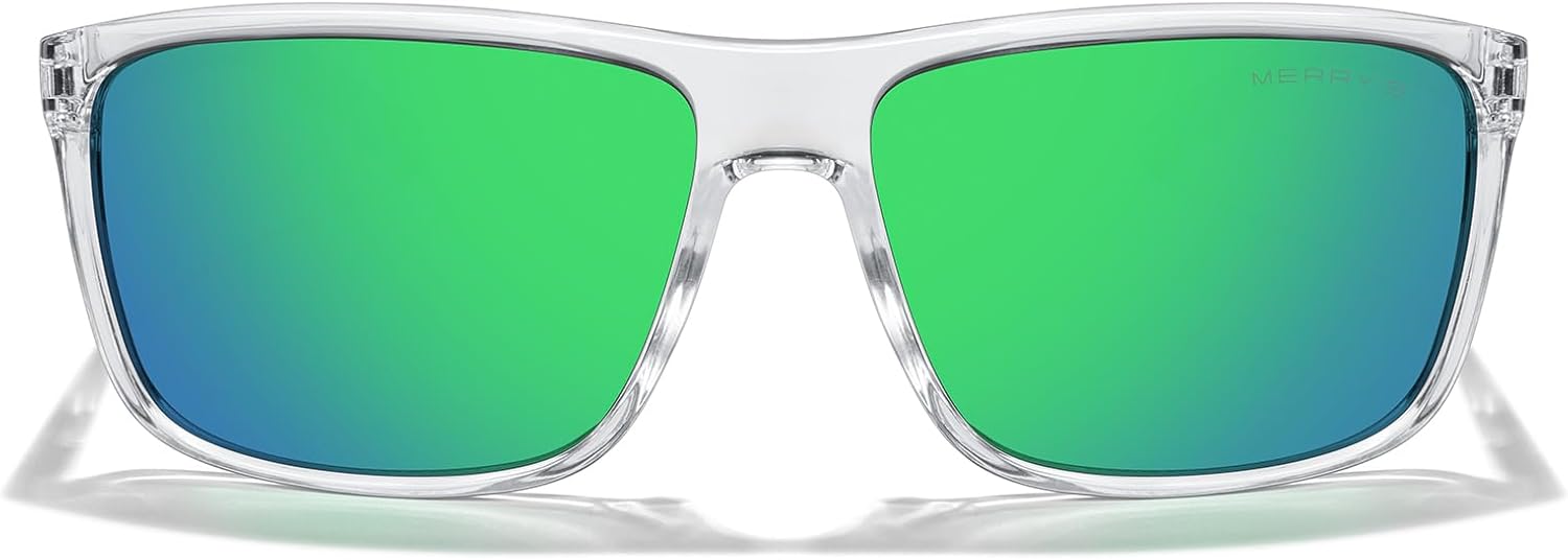 

Прямоугольные поляризованные спортивные солнцезащитные очки MERRY'S для мужчин и женщин, для езды на велосипеде, вождения, рыбалки, с защитой UV400, модель S8225, Transparent Frame/Silver Metal/Green Mirror Lens