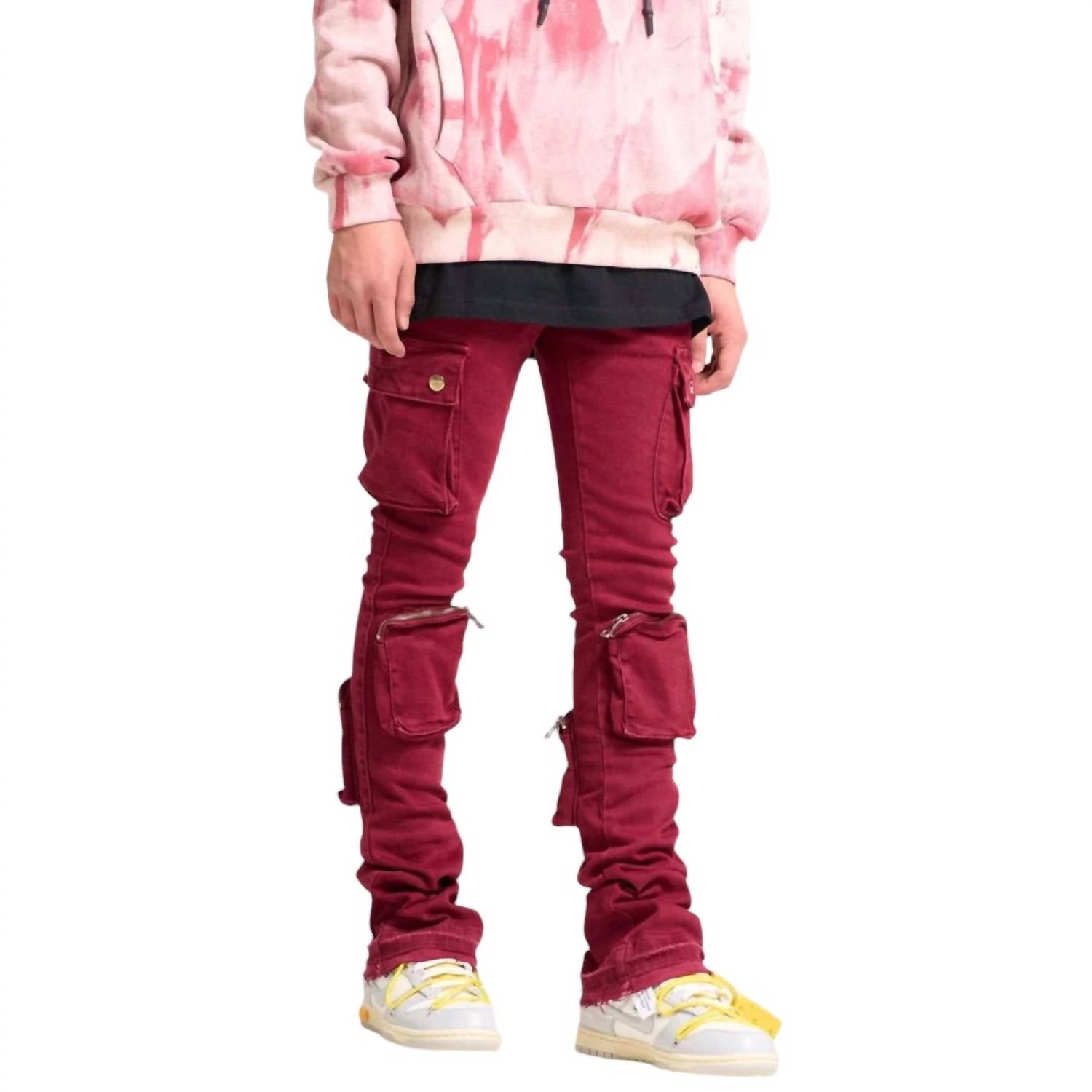 

Мужские джинсы-клеш Never Look Back Cargo Stack Denim в бордовом цвете Pheelings