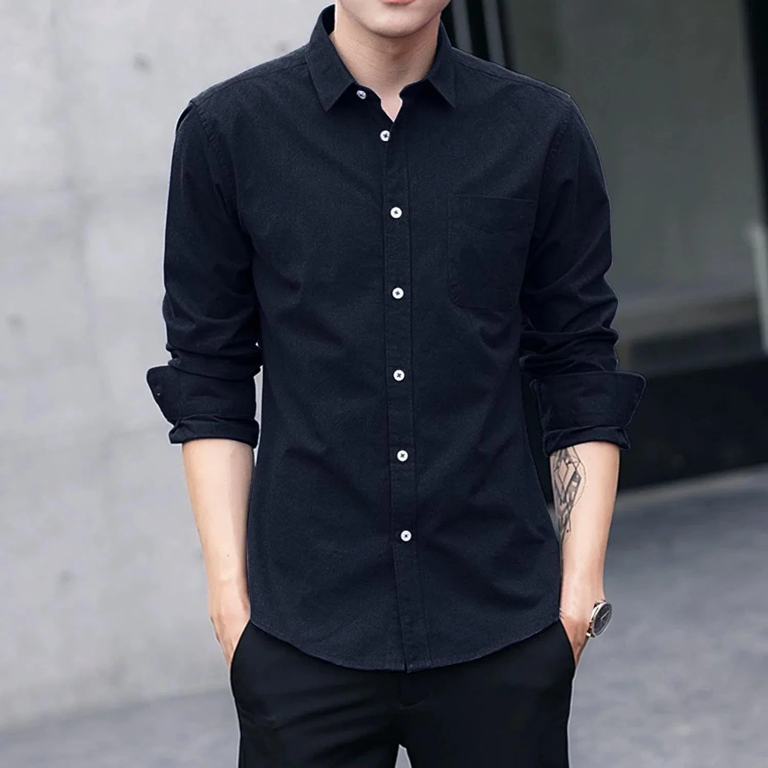 Рубашка мужская, длинный рукав, Button-Down, черный — фото 3