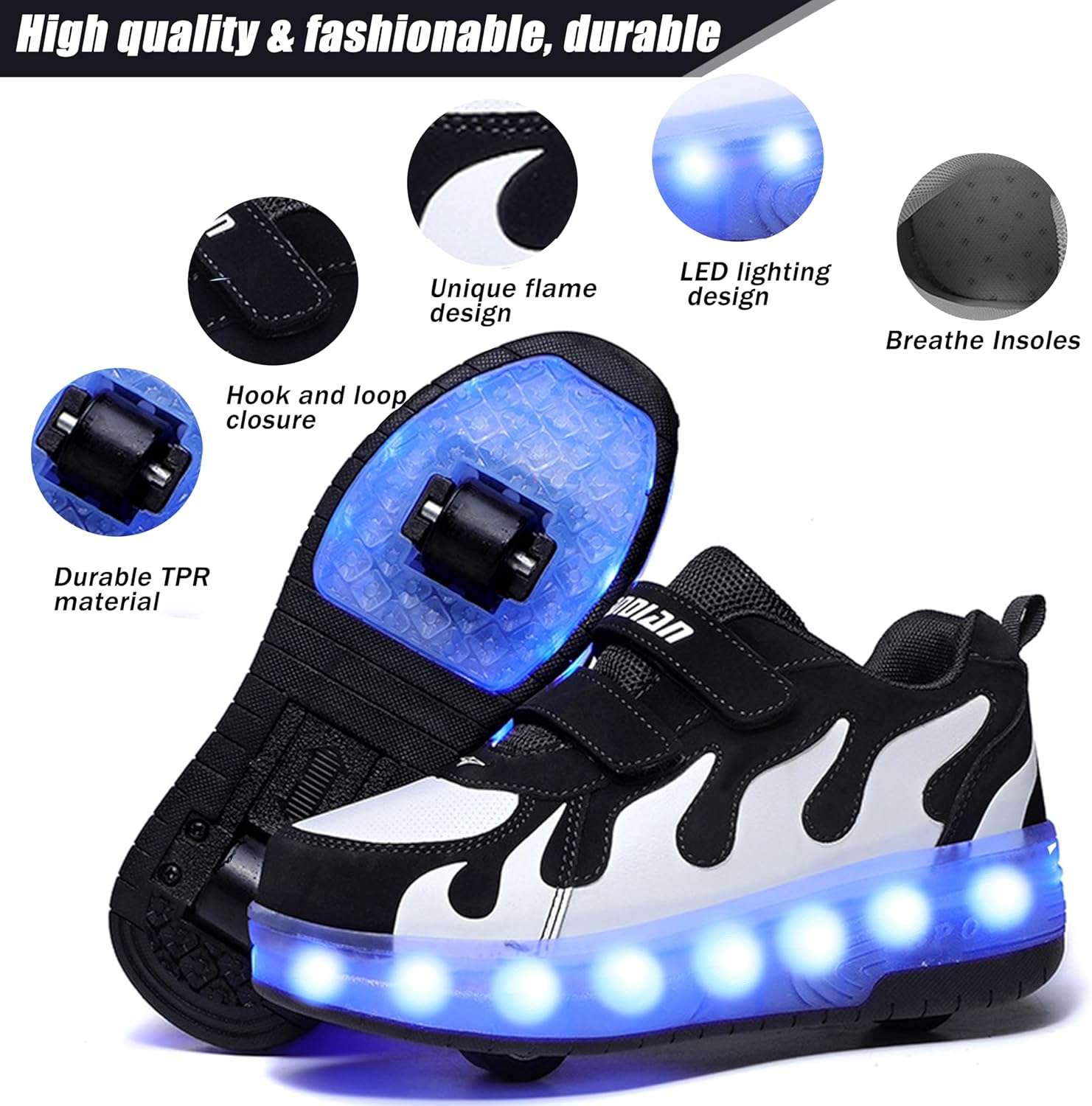 Детские роликовые кроссовки Aikuass с USB-подзарядкой и светящейся LED-подсветкой для мальчиков и девочек, белый/черный — фото 4