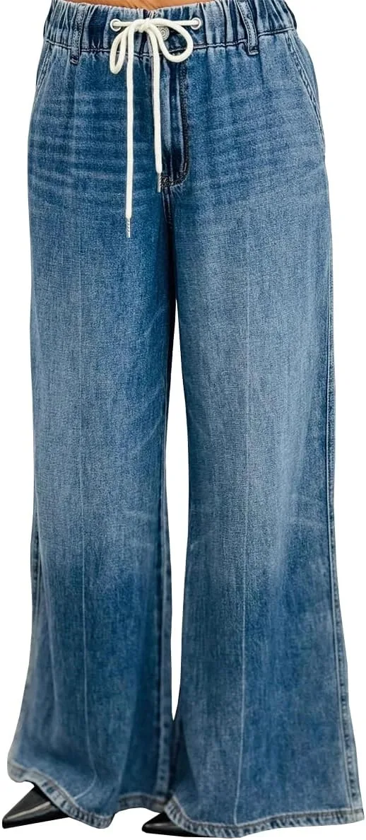 

Женские джинсы Mid Rise Wide Leg с кулиской, винтажный стиль TACSTRUN