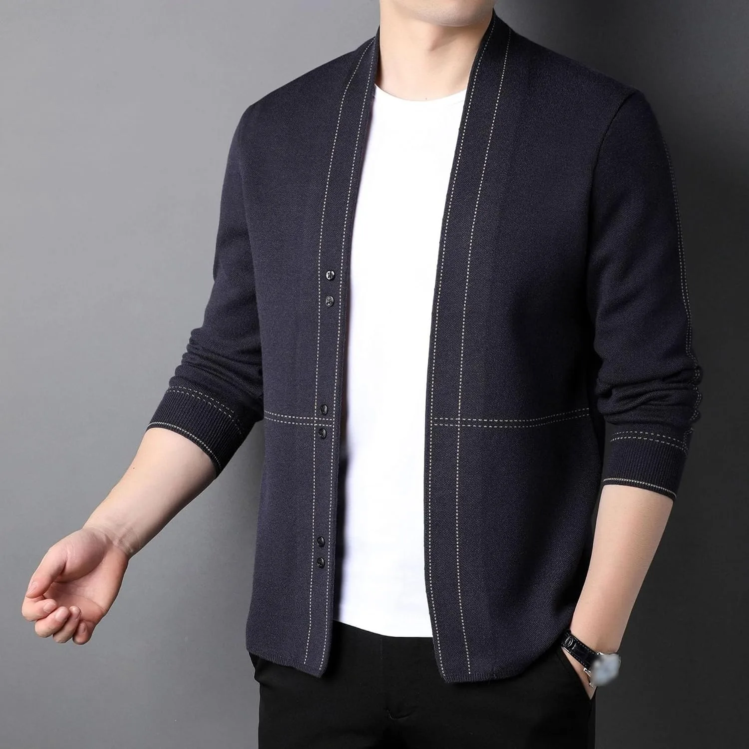 Кардиган мужской с воротником стойкой, slim fit, кабельная вязка — фото 2