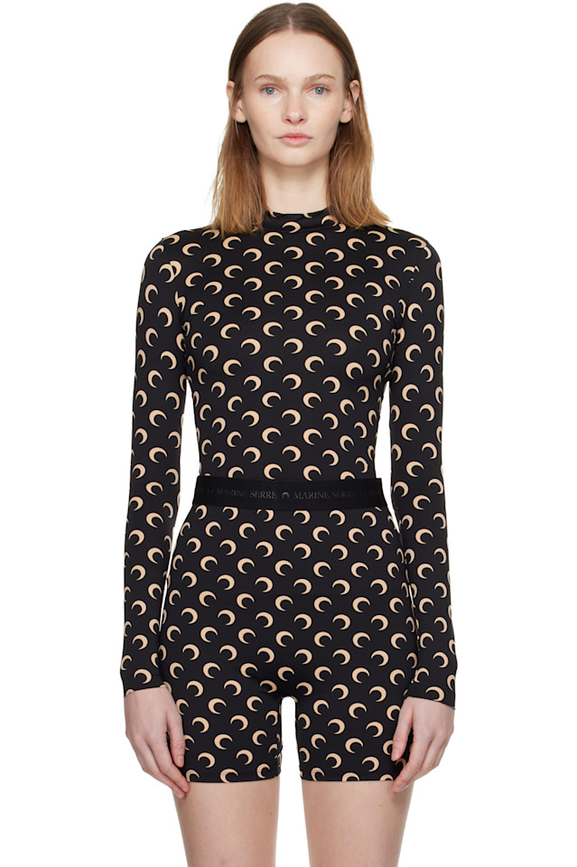 

Marine Serre Черный топ с высоким воротником из переработанной ткани «лунный джерси», облегающий фигуру