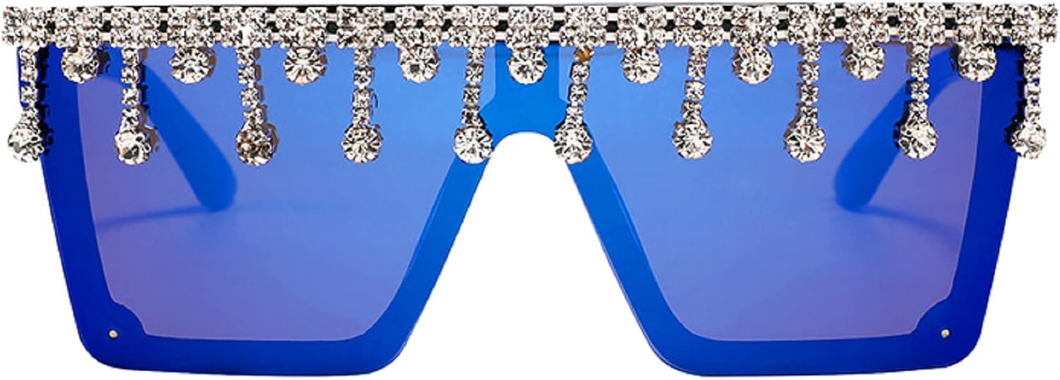 

Крупные квадратные солнцезащитные очки с блестками и стразами для женщин и мужчин, с плоской верхней частью, модные солнцезащитные очки с бриллиантовой кисточкой и сверкающими элементами mincl, Mirror &Blue