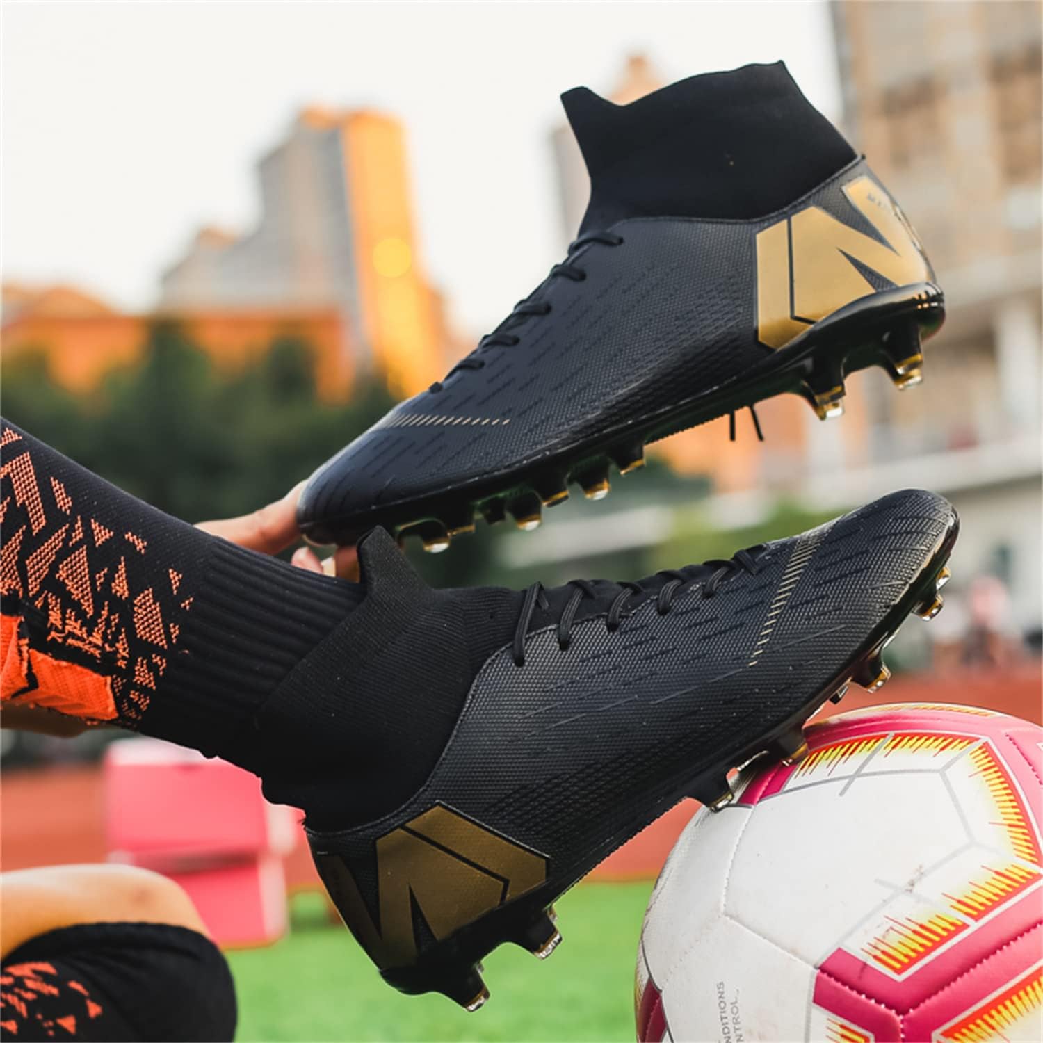 Кроссовки JOSKAA Unisex Soccer Skeak легкие, дышащие, не скользят и амортизируют, а The Youth high top Indoor Lawn Training Hard Bottom TF/AG, черный — фото 4