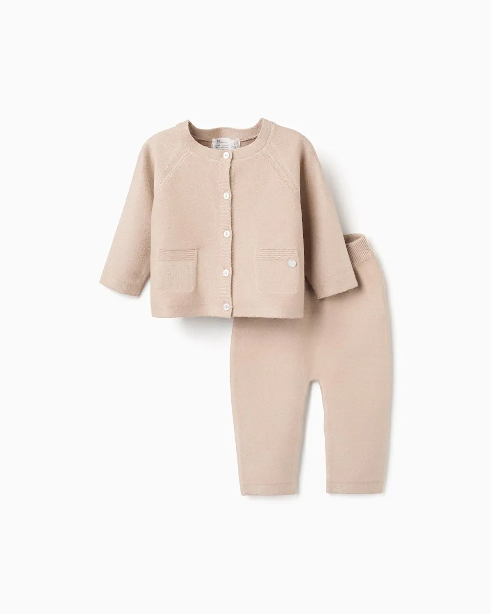 

Комплект для девочки вязаный с декоративными карманами Zippy, бежевый