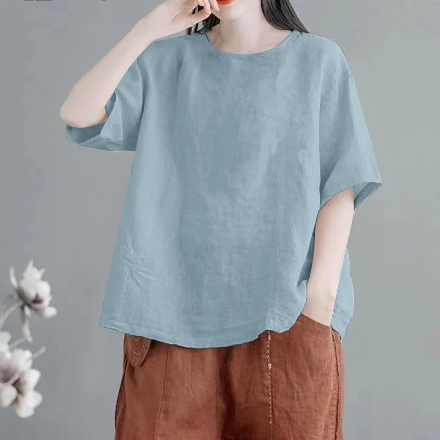 Блуза из хлопка и льна, женская, Oversize, синяя — фото 2