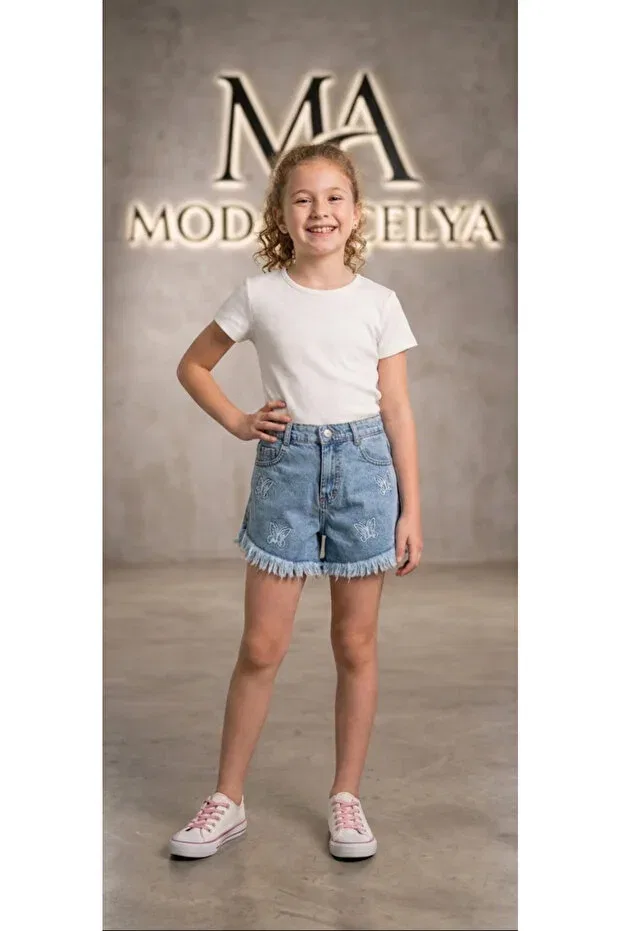 Детские шорты для девочек джинсовые с вышивкой Moda Açelya, Blue