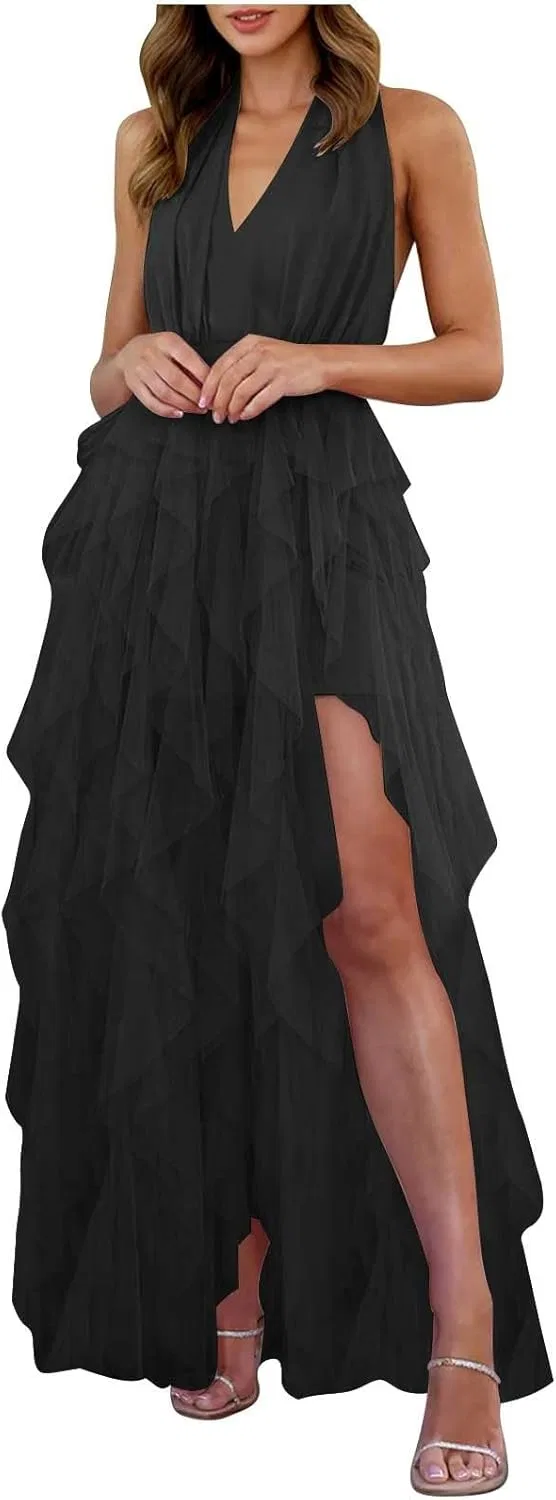Женское коктейльное платье с V-образным вырезом и оборками, Black