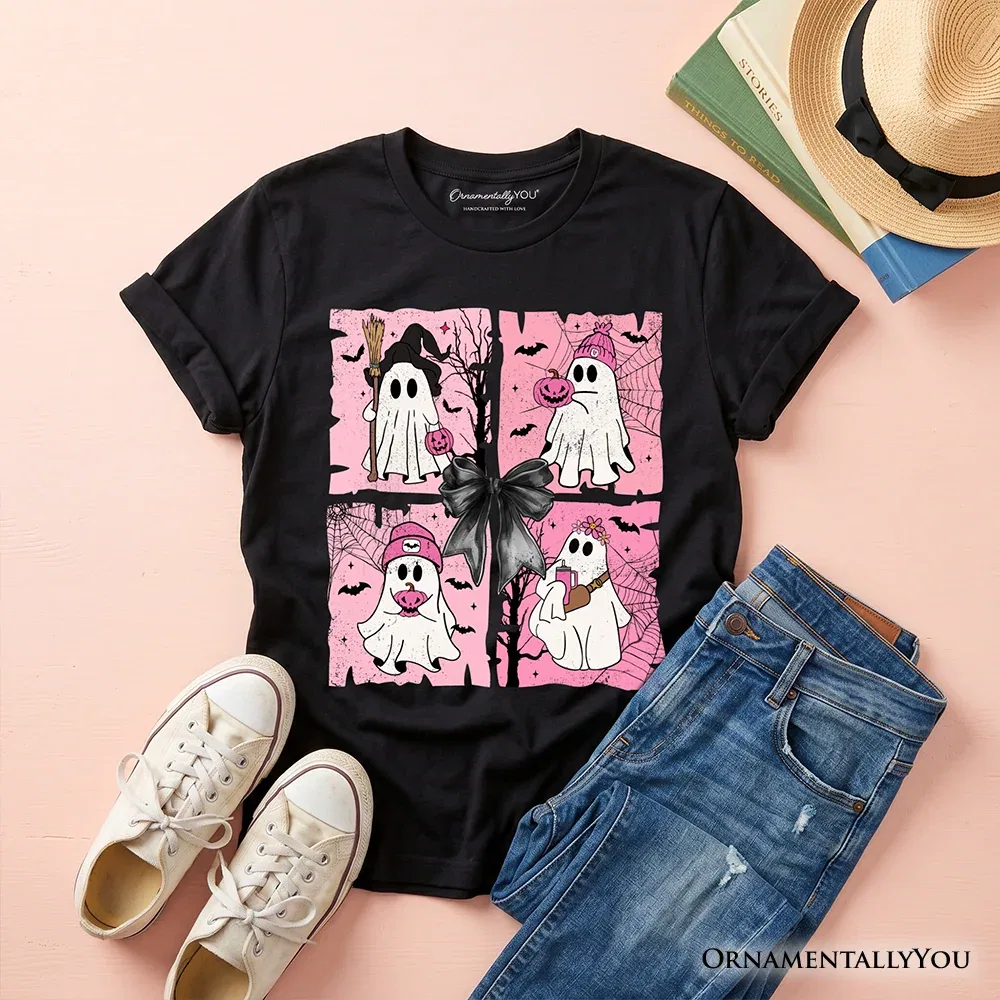Детская футболка с принтом Cute Ghost Kids T-Shirt Spooky Season Graphic Tee OrnamentallyYou, черный