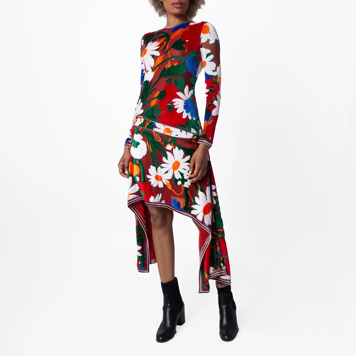Платье из бархата с принтом Daisy Garden Burberry, Red/White Ip Pattern — фото 3