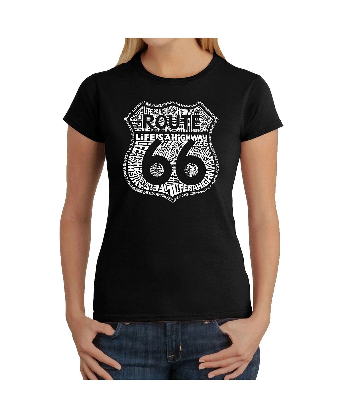 

Женская футболка с надписью route 66 life is a highway word art LA Pop Art, черный