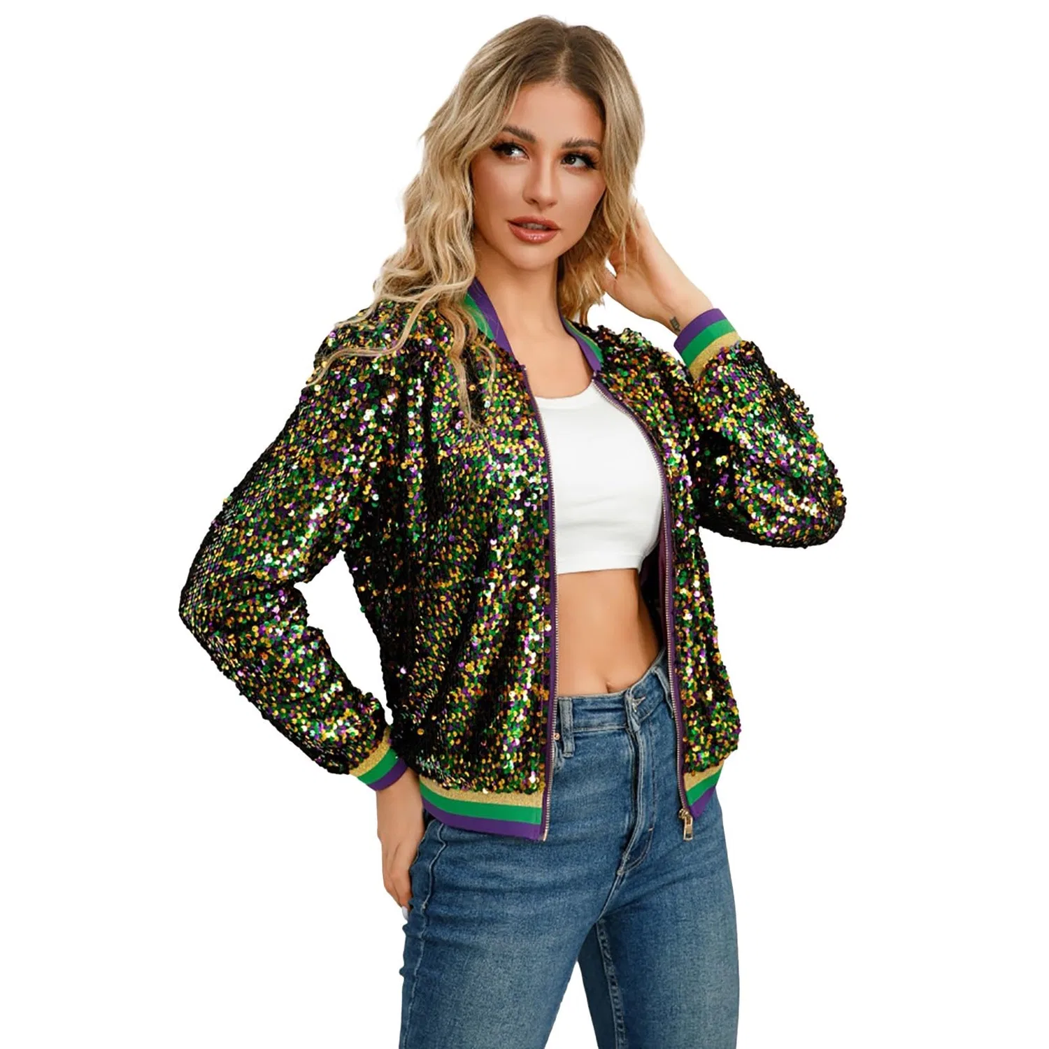 Женская куртка-бомбер с блестками Varsity HUIFUAO, Verde