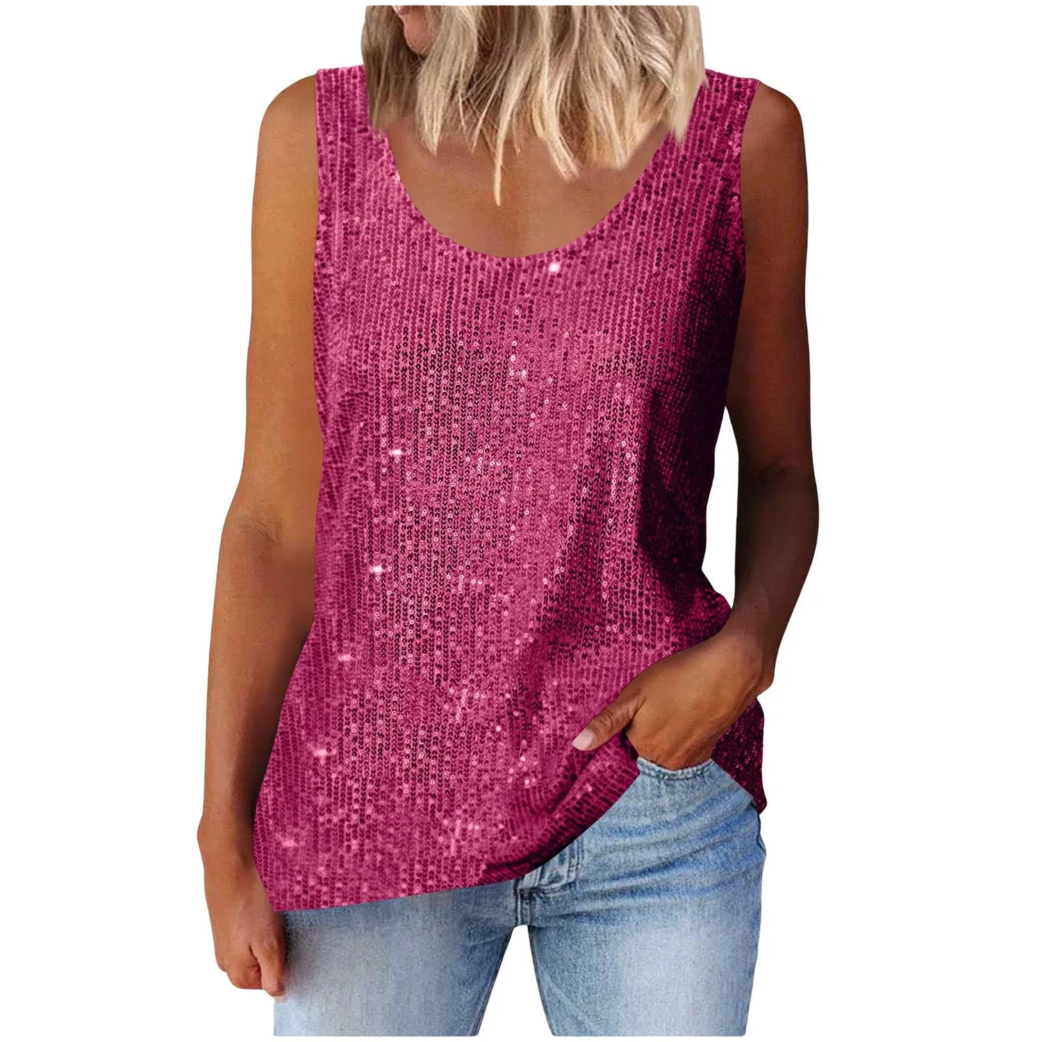 Женская туника без рукавов с блестками Sparkly Elegant Loose Sleeveless Tunic Top, Hot Pink