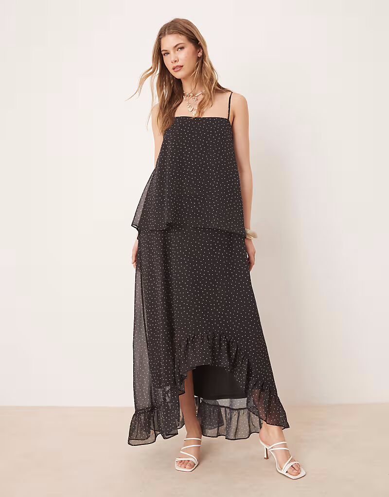 

Платье макси из шифона ASOS DESIGN с оборками на бретелях в черный горошек