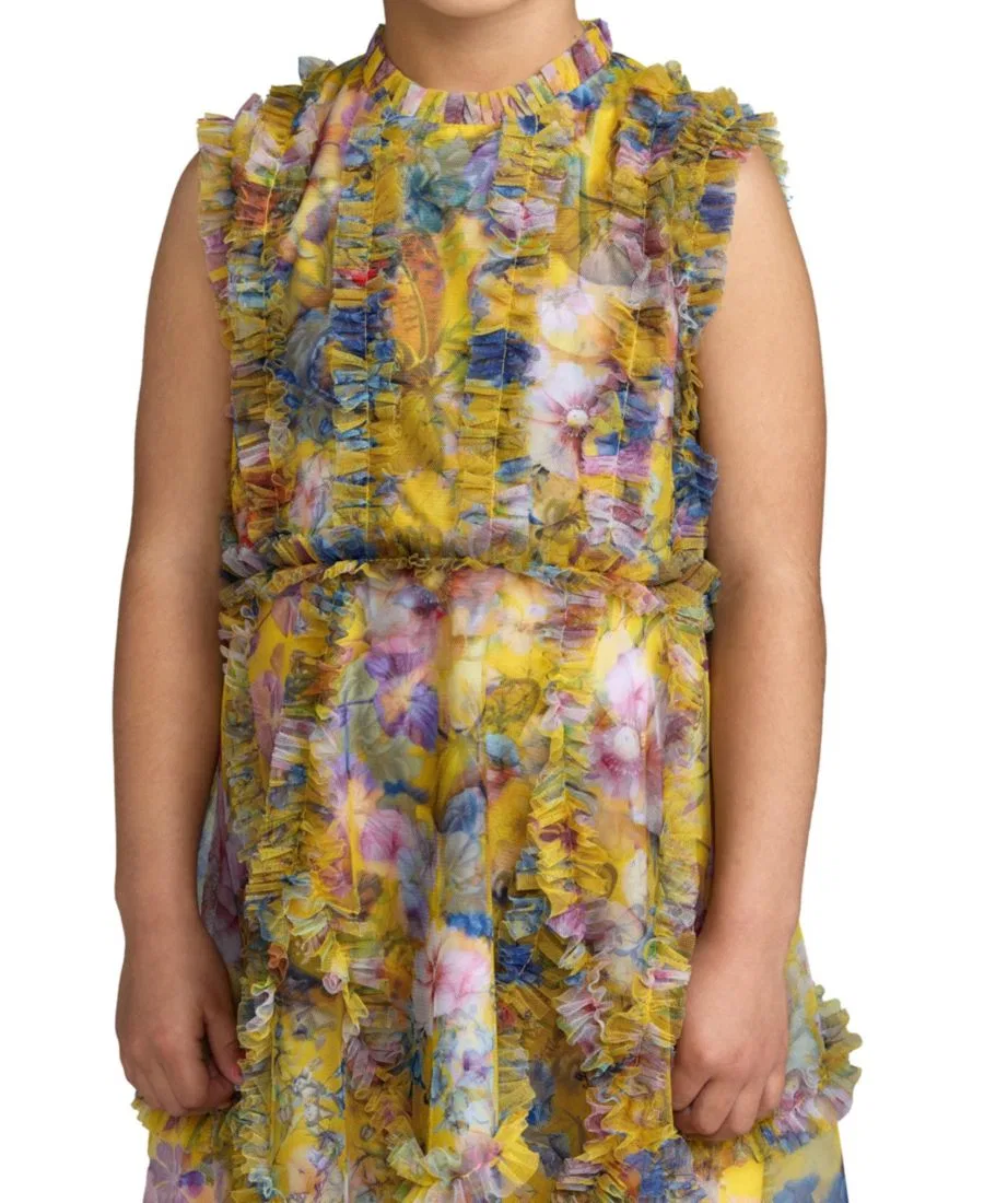 Платье без рукавов с рюшами и принтом Big Girls 2-14 Sleeveless Mesh Ruffle High Neck Dress Mac Duggal, Yellow Multi — фото 3