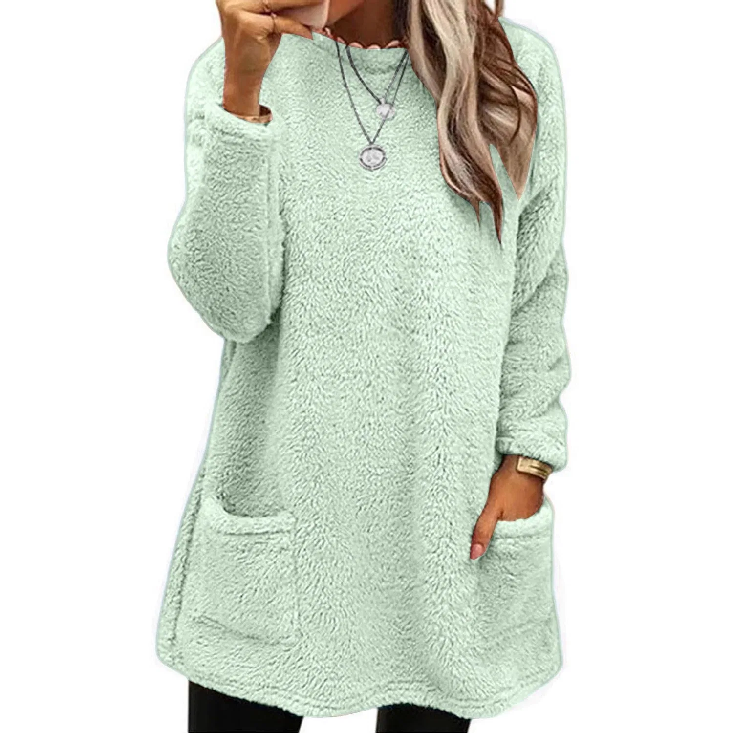 Женское зимнее пальто свободного кроя с длинным рукавом, серое, Mint Green — фото 4