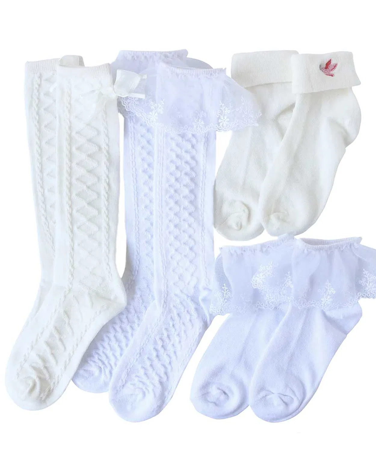 Детский комплект из 4 пар носков с моделями Back Ribbon High Socks, Lace High Socks, One-Point Embroidery Short Socks, Lace Short Socks, box408, Белый