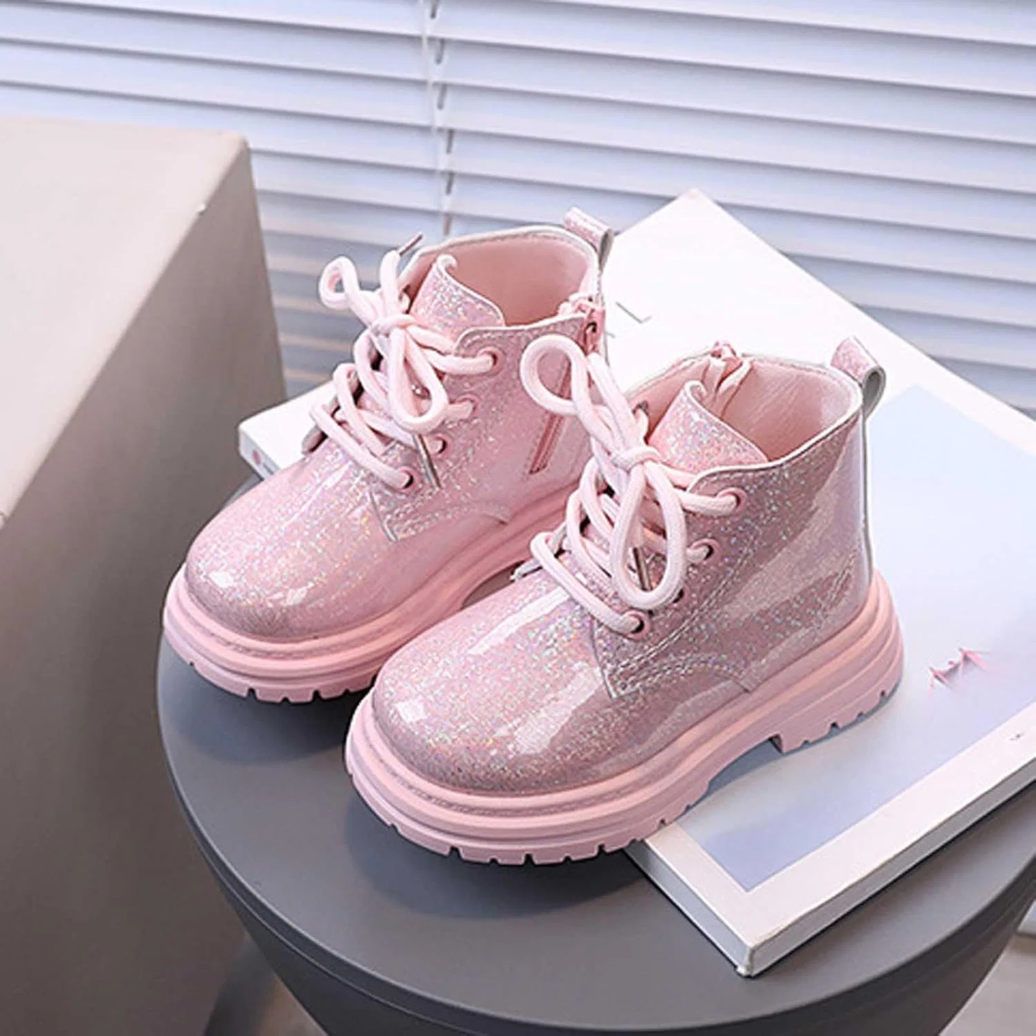 Детские ботинки для девочек с блестками на шнуровке с молнией, Pink — фото 3