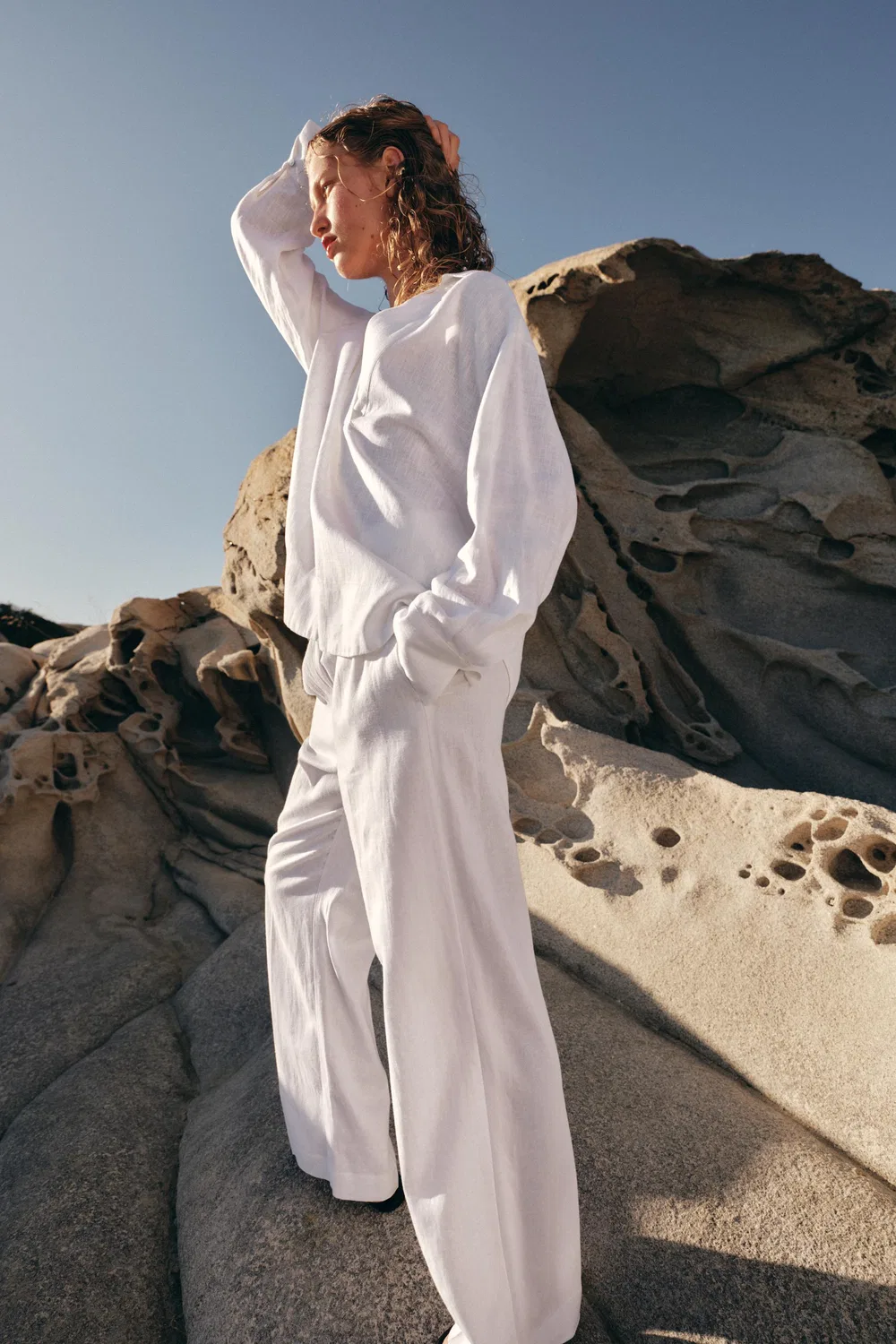 Прямые брюки из льна ZARA, Oyster-White — фото 3