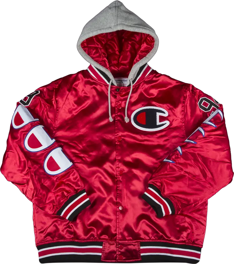 Куртка Supreme x Champion Hooded Satin Varsity Jacket 'Red', красный — фото 2