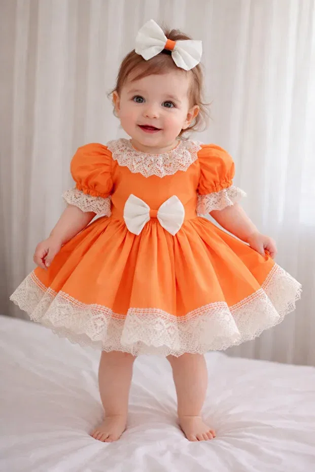 Детское платье для девочек с кружевом Queen Tasarım, Orange