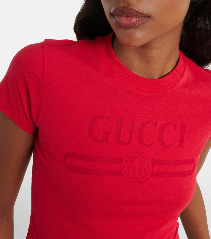 Укороченная футболка из хлопкового трикотажа с логотипом Gucci, красный — фото 3