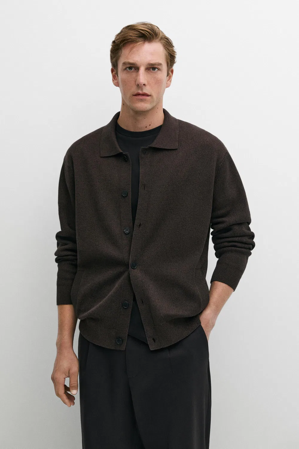 Кардиган Massimo Dutti 100% Cotton Polo Collar Knit, коричневый