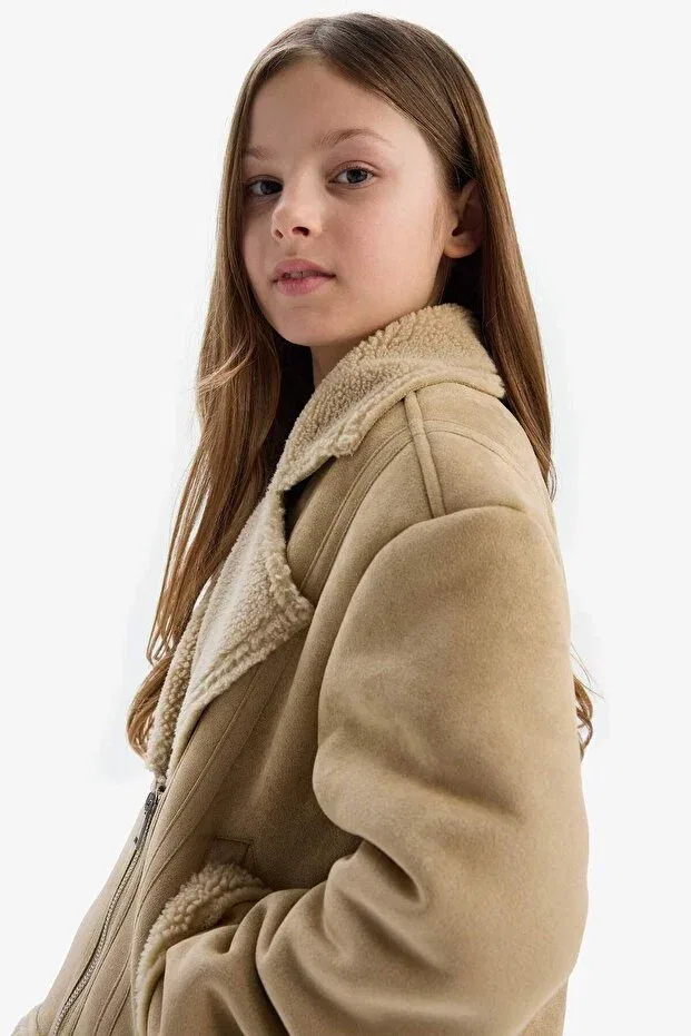 Детское пальто для девочек с плюшевой подкладкой Defacto, Beige-Bg65 — фото 4