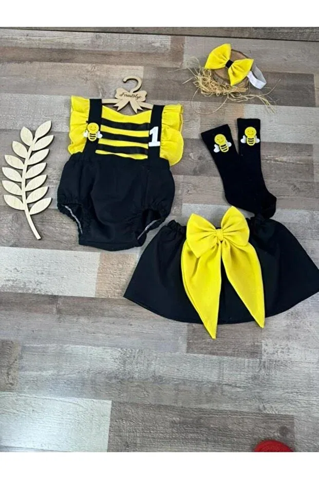 Детское боди-комбинезон для девочек с принтом Handmade bee concept baby girl romper skirt buckle socks set Feriatolye, Black