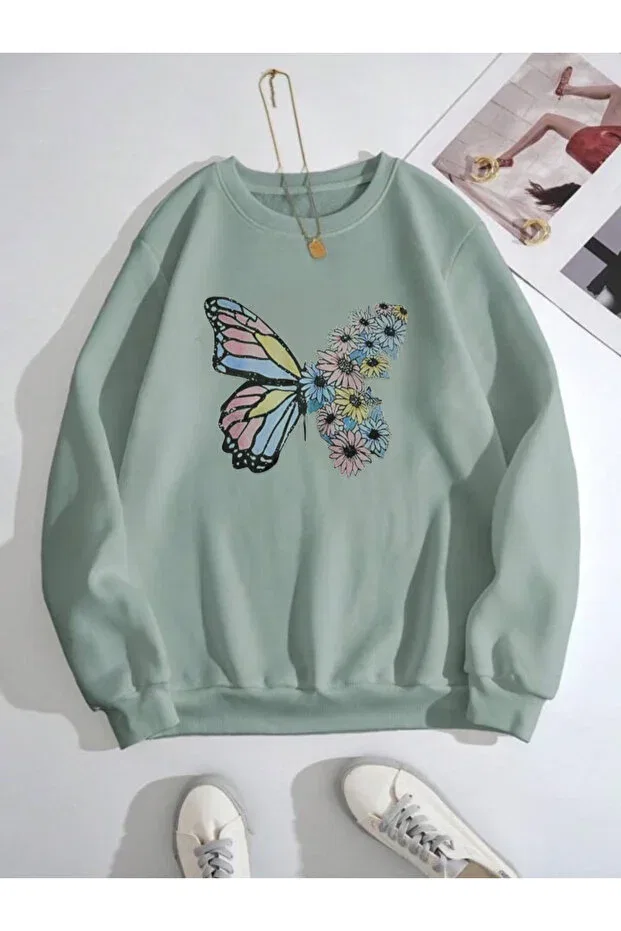 Детские свитшот для девочек с принтом Butterfly Printed Girl's Winter Serays Moda, Mint Green