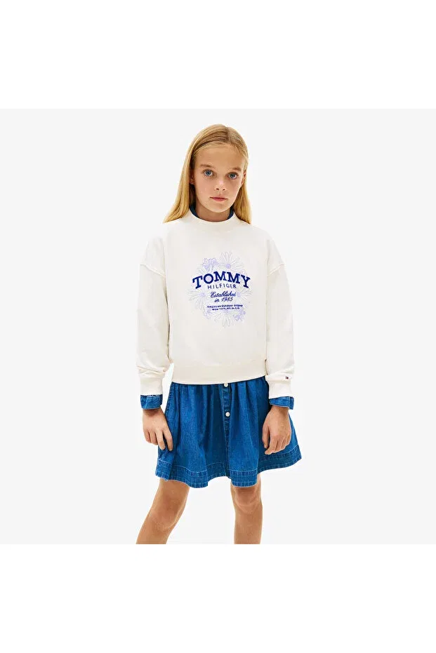 Детское для девочек свитшот с принтом Flock flower crew neck kids white sweatshirt Tommy Hilfiger, Ybh-White