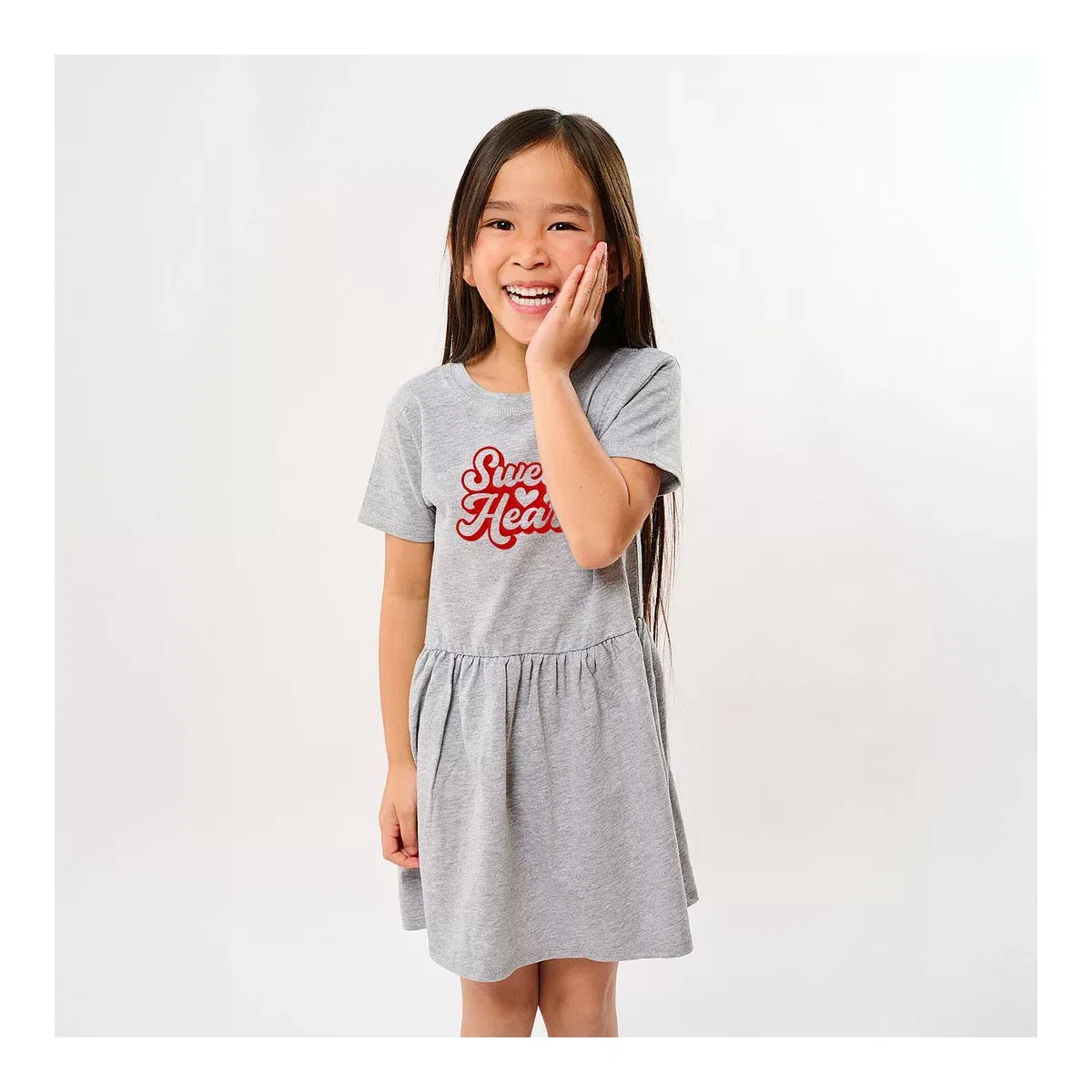 Детское платье для девочек с принтом Sweet Heart With Heart Puff Print The Juniper Shop, Heather Grey — фото 2
