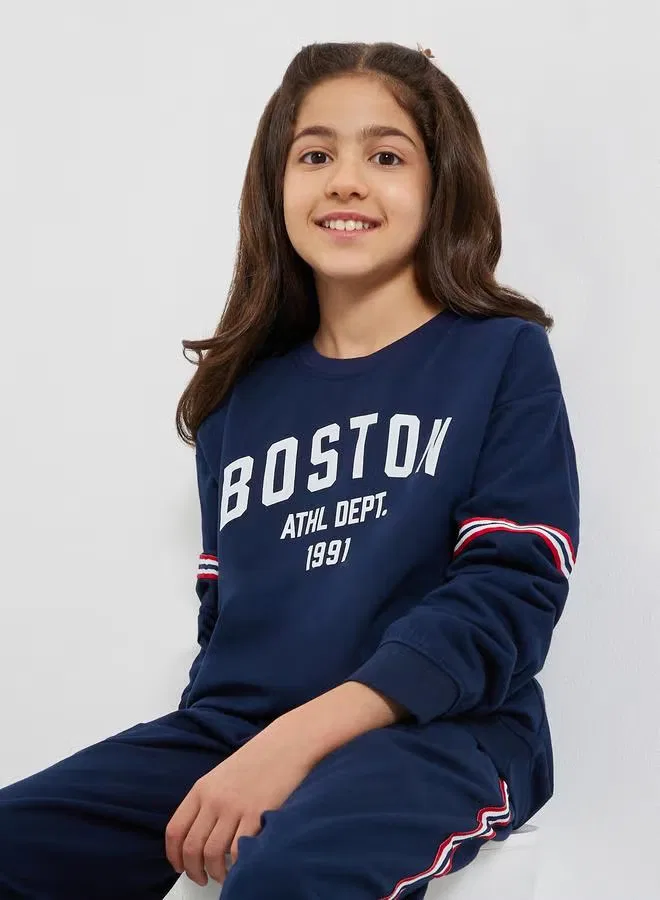 Свитшот с принтом Boston хлопковый Styli, темно-синий — фото 3