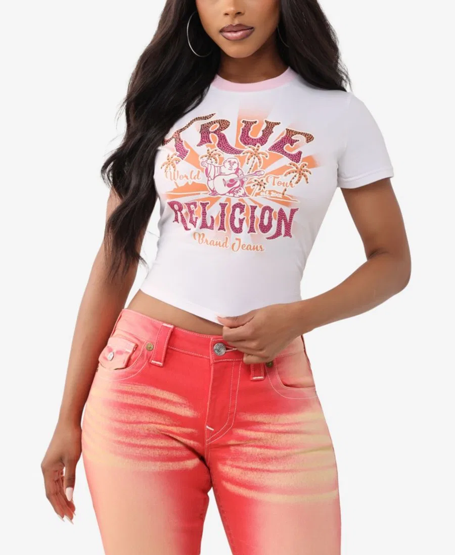 Женская футболка True Religion Crystal Heritage Baby с принтом и кристаллами, Optic White