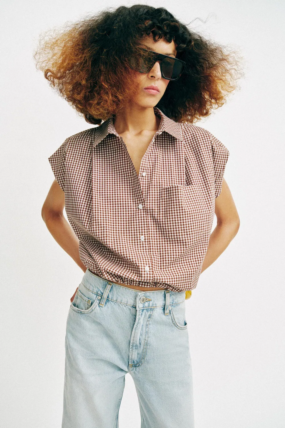 Укороченная рубашка в клетку ZARA, Brown/White — фото 2