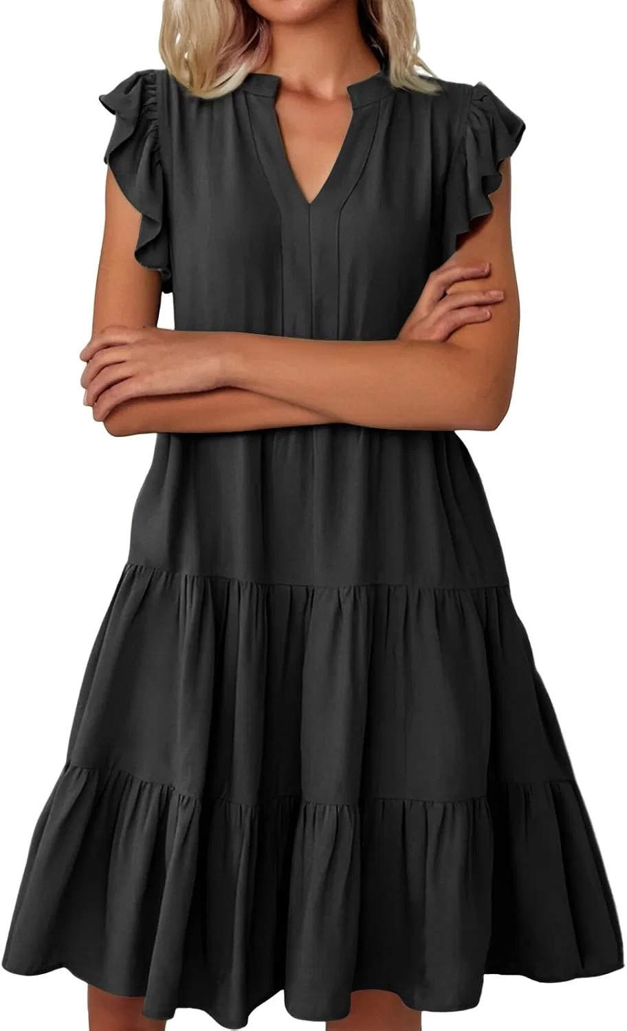 Женское летнее платье миди с воланами и V-образным вырезом, Black — фото 2