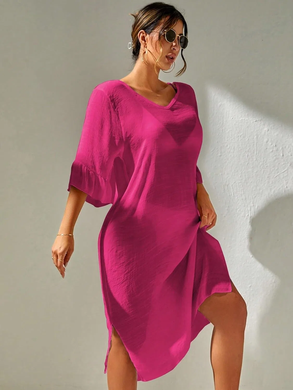 Женская пляжная накидка с разрезом и V-образным вырезом, Hot Pink — фото 2